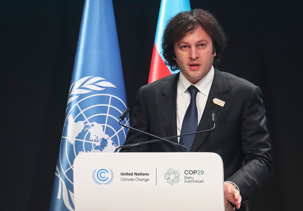 Премьер-министр Грузии Ираклий Кобахидзе на Конференции ООН по изменению климата COP29 в Баку, 13 ноября 2024 года. Фото: Igor Kovalenko / EPA