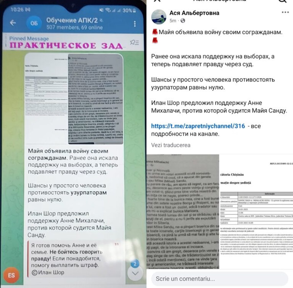 Задание, полученное активистами для поддержки Анны Михалаки, и пример поста из аккаунта в Facebook под именем Ася Альбертовна. Скриншот: Ziarul de Gardă