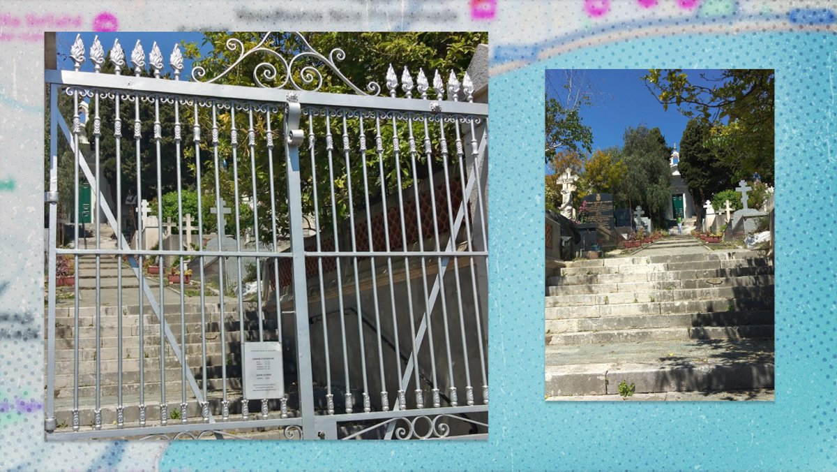 Слева: ворота на русское кладбище Кокад, закрытые представителями РФ. Справа: русское кладбище Кокад; лестница ведет к храму-часовне св. Николая; наверху предполагаемая сотрудница диппредставительства РФ. Фото: Лера Фурман