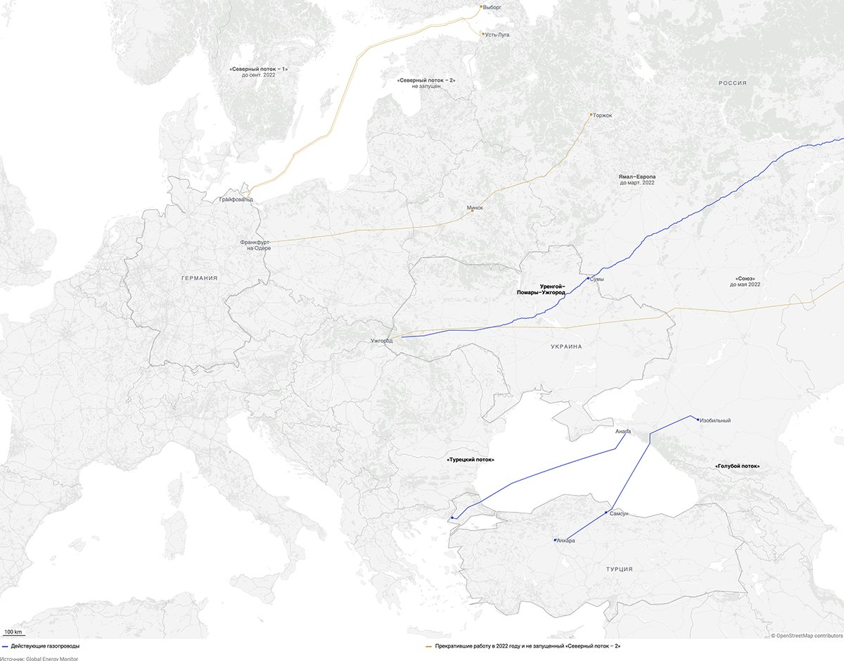 Карта действующих и утраченных маршрутов поставок российского газа в Европу. Фото: Global Energy Monitor