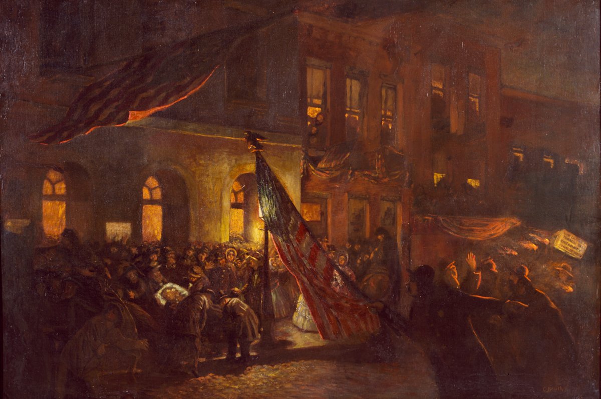 Смертельно раненного Авраама Линкольна, на руках выносят из театра Форда, Вашингтон, округ Колумбия. Художник К. Берш. Фото: Library of Congress Catalog