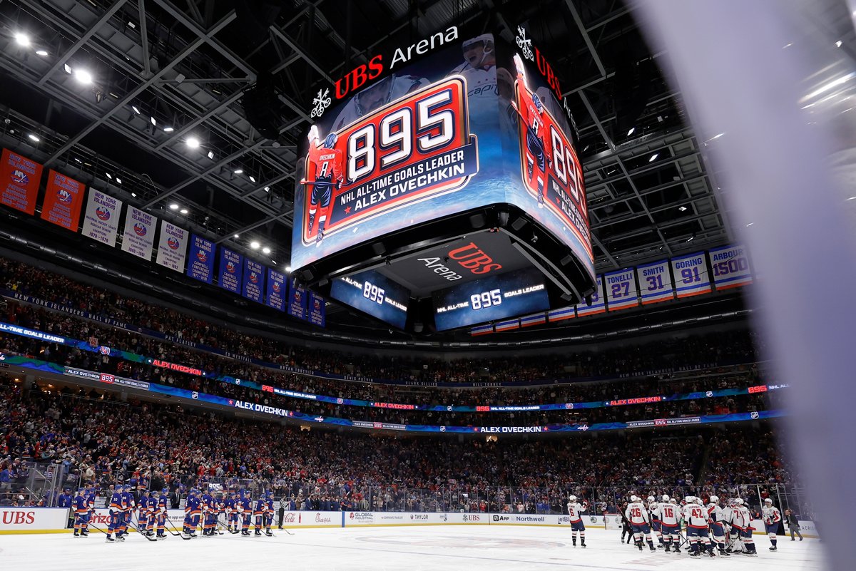 Счетчик голов Овечкина во время матча в Нью-Йорке, 6 апреля 2025 года. Фото: Adam Hunger / AP Photo / Scanpix / LETA